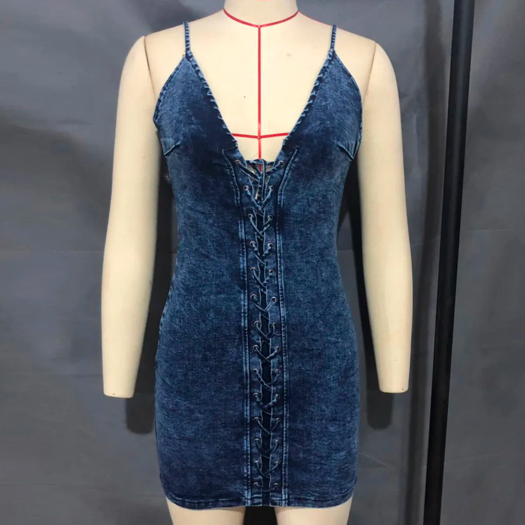 Denim Hip Wrap Sleeveless Sexy Solid Color Bandage Stretch Mini Dresses