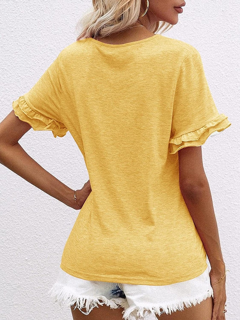 Womens V Neck T Shirt Short Flounce Sleeve Soft Casual - peterkaczconnect