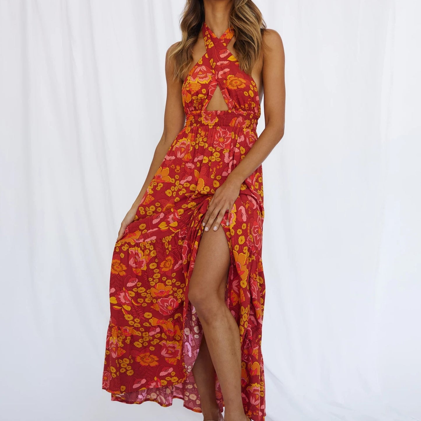 Floral Print Beach Dress Halter Neck Elegant Dress - peterkaczconnect