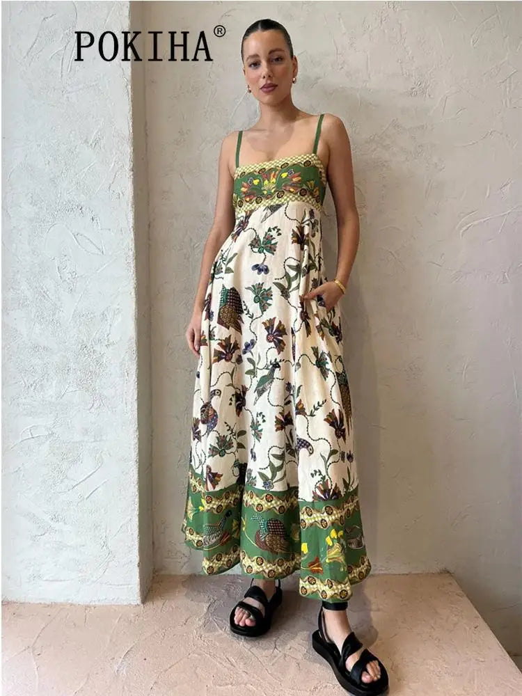 Holiday Vintage Birds Printed Long Dresses