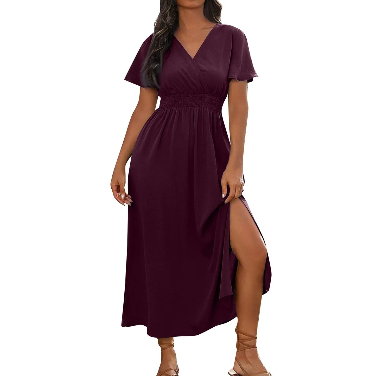 Summer Dress Fashion Waist Maxi Dress Sexy V Neck Side Slit