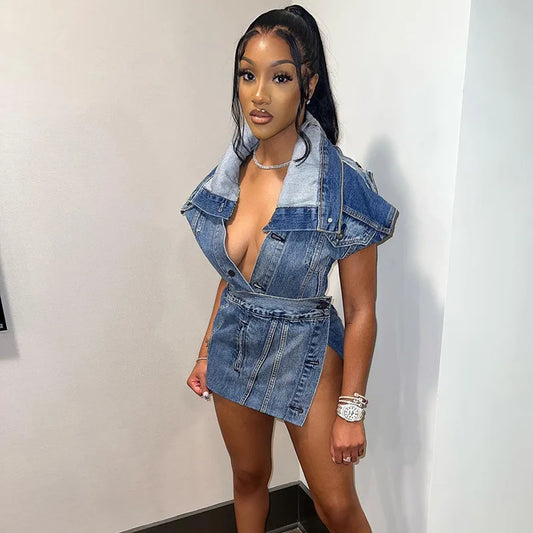 Sexy High Slit Mini Denim Dress