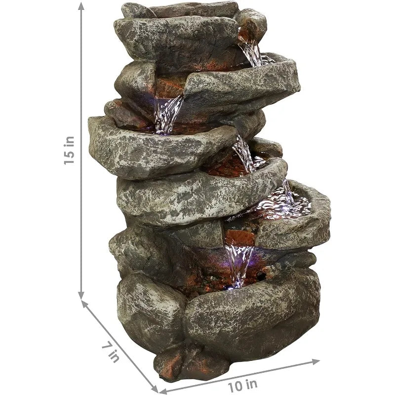 Stone Falls 15-Inch 6-Tier Tabletop Water Fountain with LED Lights