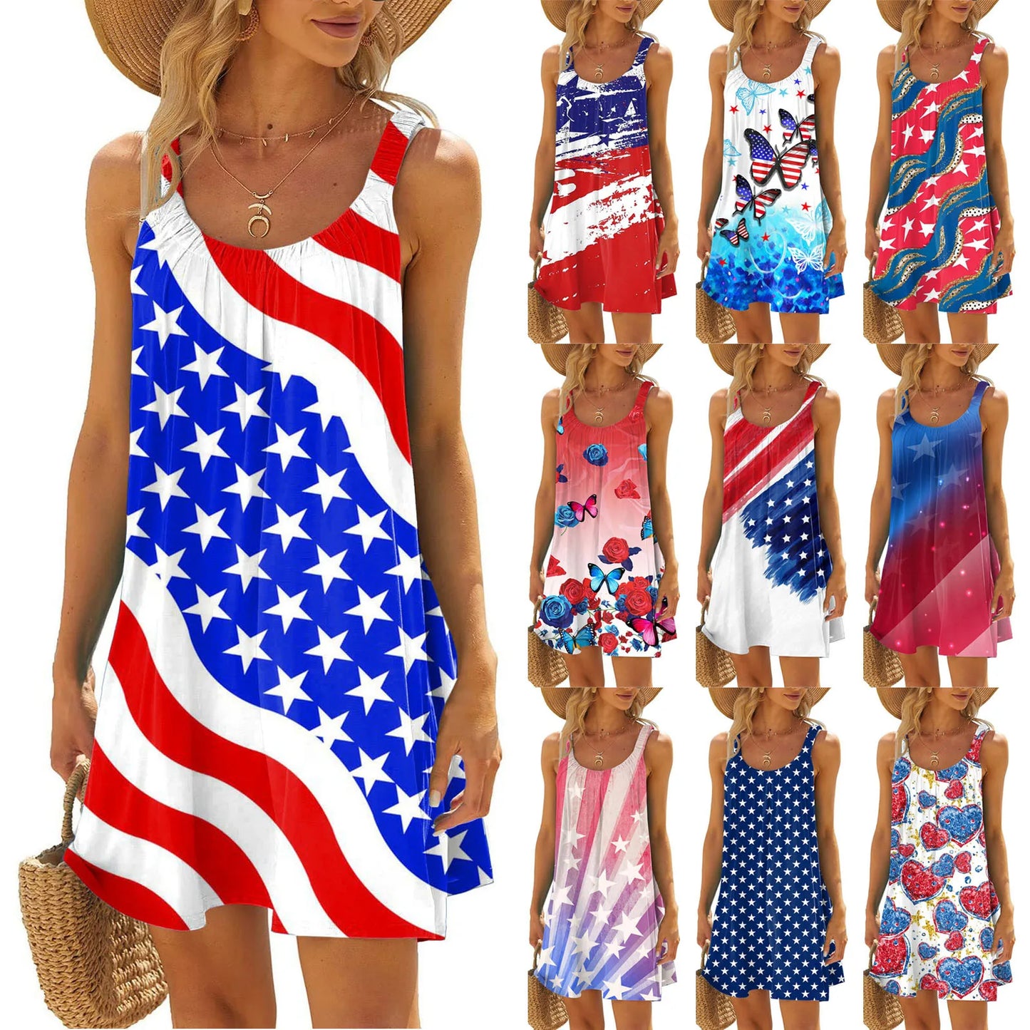 Women'S Sheer Fashion Dress American Flag Pattern Tie-Dye Print