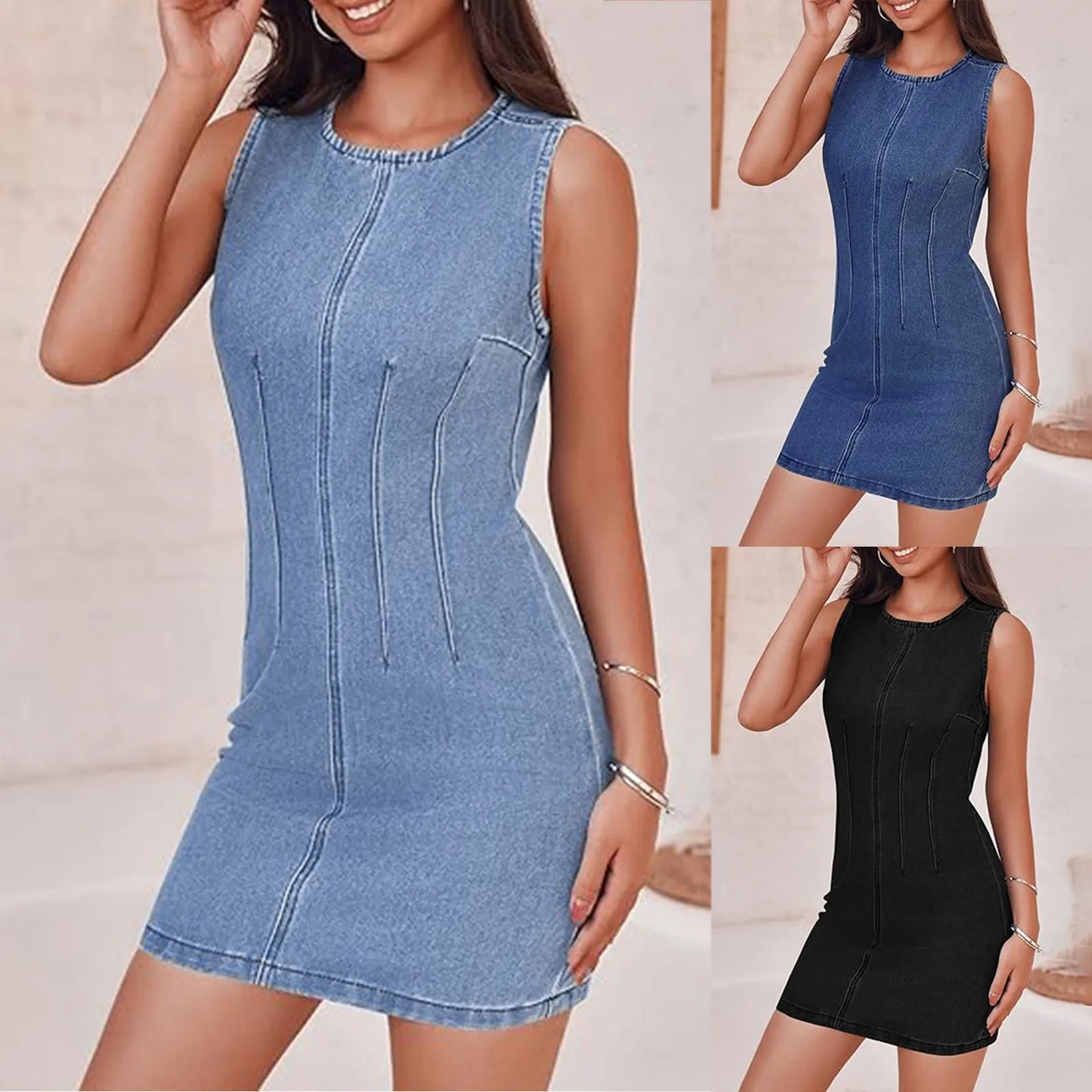 Elegant Woman Dress  Buttocks Wrapped Fashion High Waisted Mid Length Denim Dress