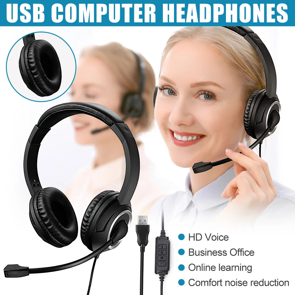 Wired USB Headset Call Center Headphones with Microphone Noise Cancelling