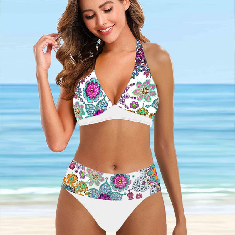 High Waist Bikini Set Female Rainbow Print (Small-Extra large)