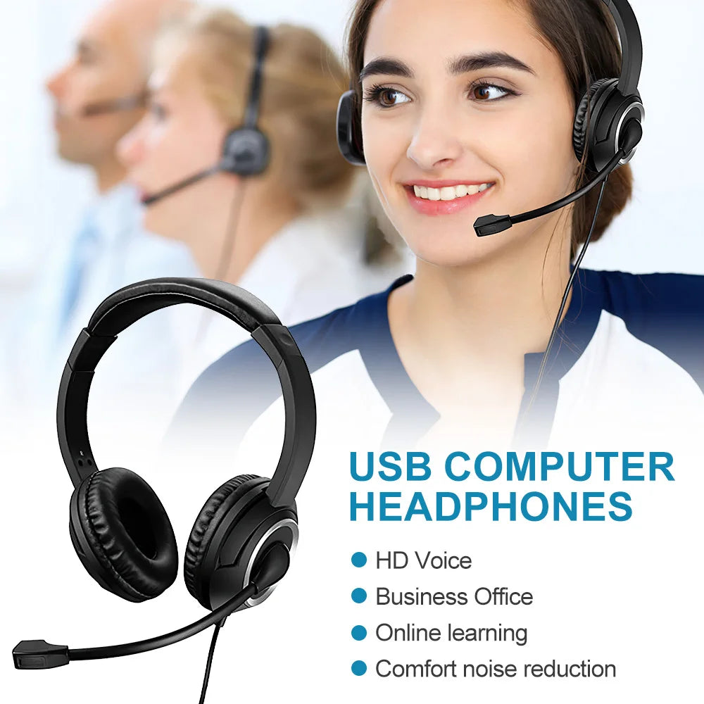 Wired USB Headset Call Center Headphones with Microphone