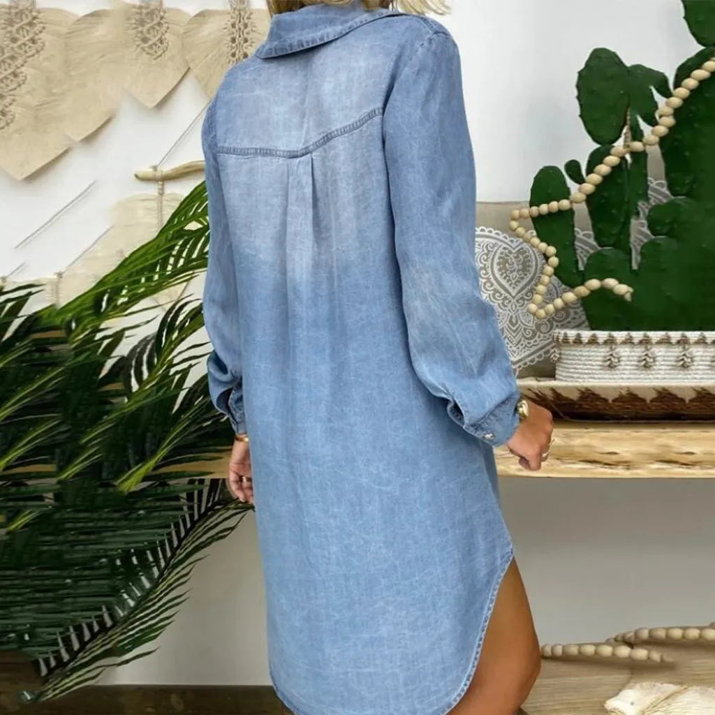 Loose Long Sleeve Jeans Dress Turndown Neck Short Denim Dress