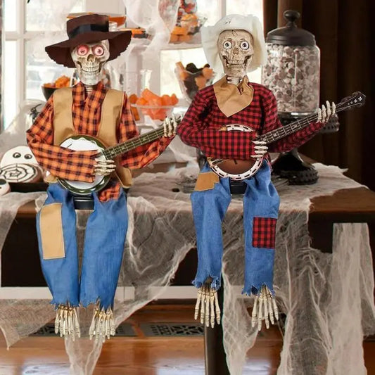 Banjo Skeleton Scary Halloween Cowboy Statue Creepy Ornament