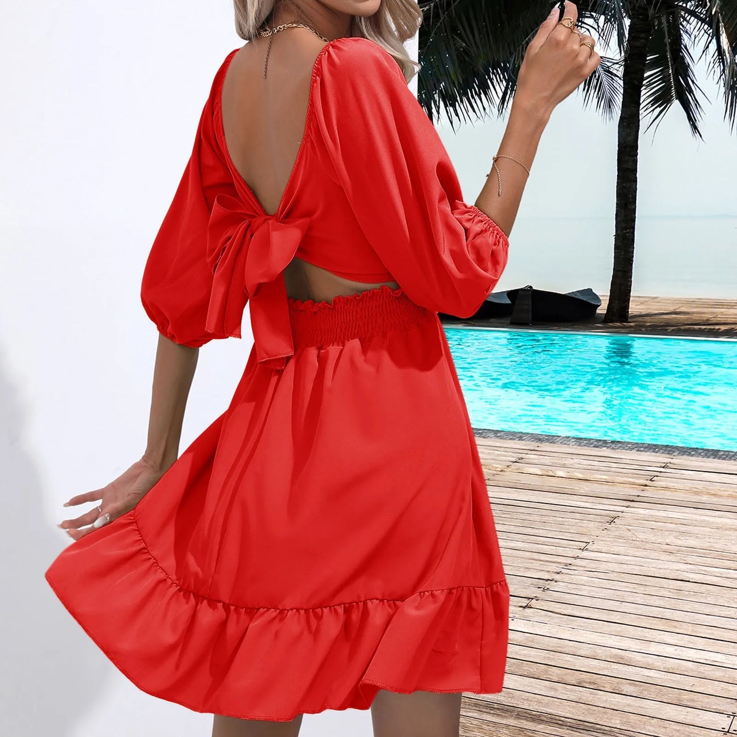 Slim Waist Mini Dress Square Collar Puff Half Sleeve Short Dress