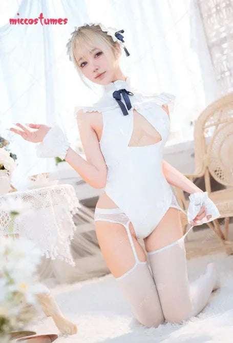 Women's Cosplay Sexy Maid Costume Dress and Bodysuit with Apron and Stockings