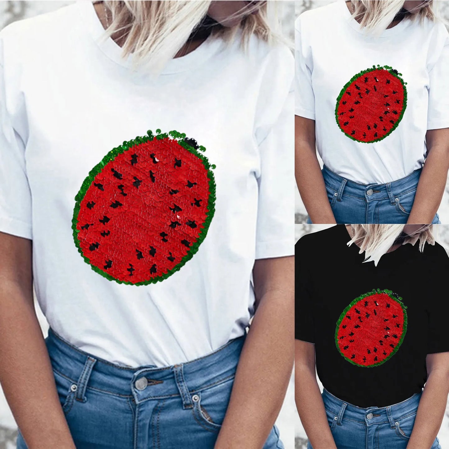 Watermelon Changing Sequin Fashion Women T-shirt