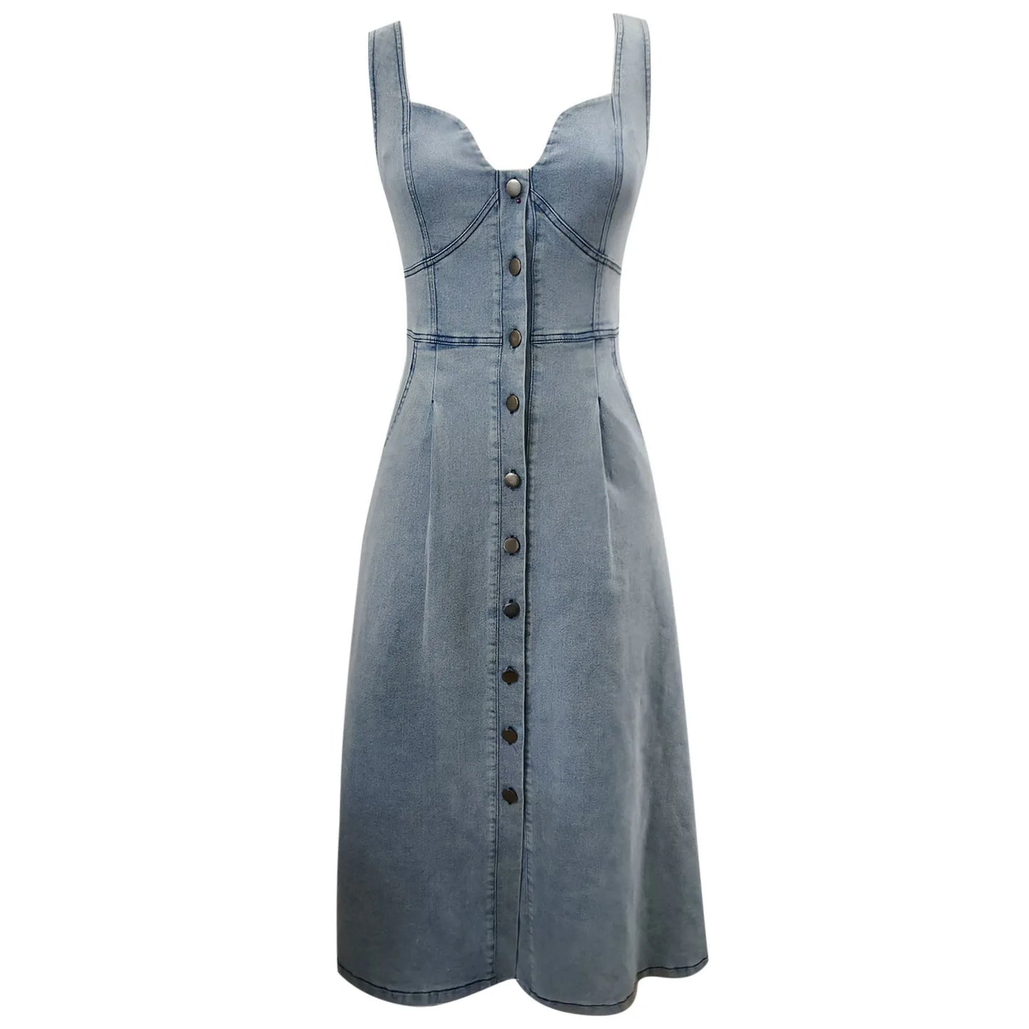 Women'S Denim Sleeveless Button Fit Midi Dress