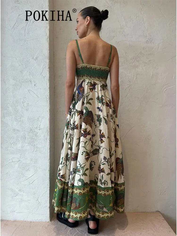 Holiday Vintage Birds Printed Long Dresses