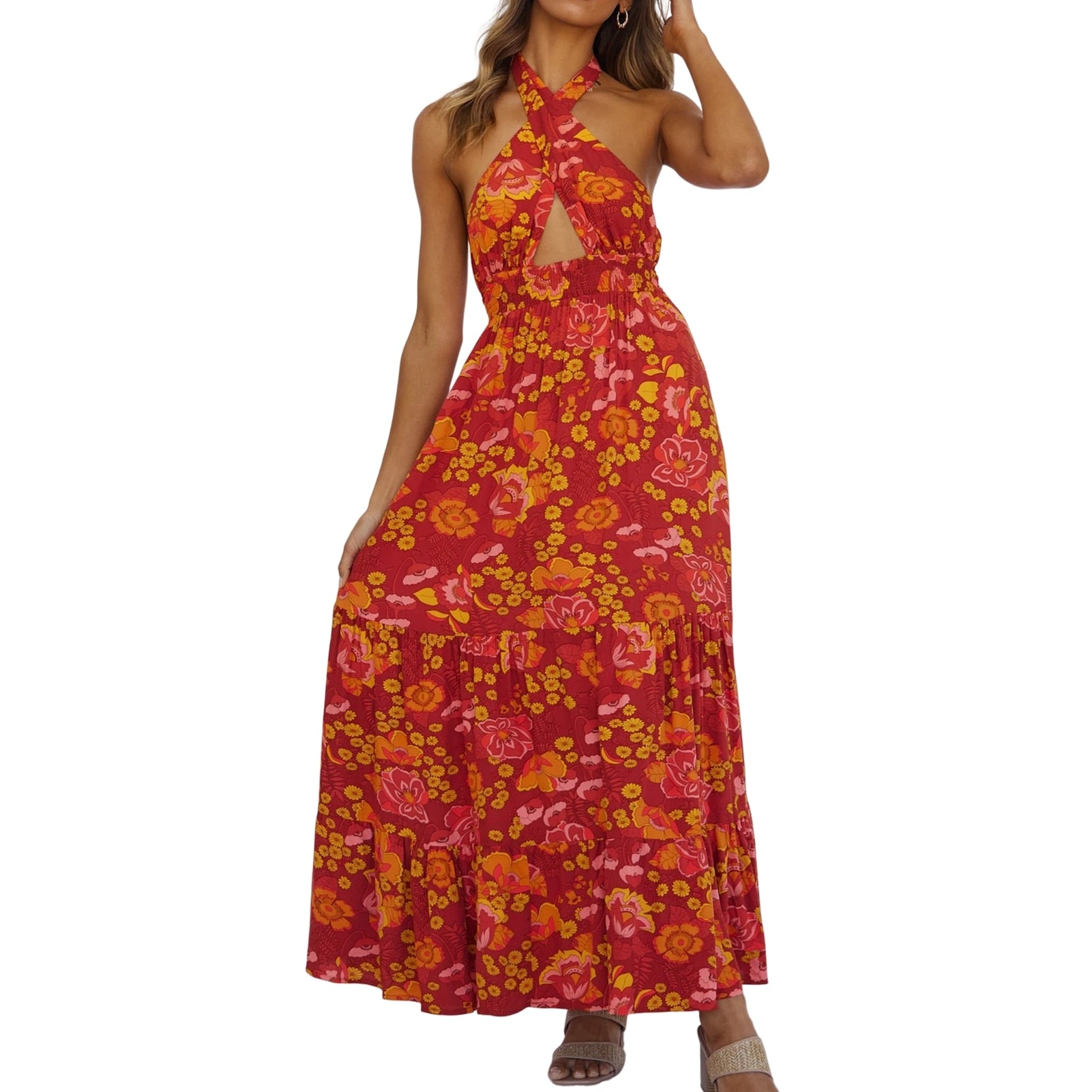 Floral Print Beach Dress Halter Neck Elegant Dress - peterkaczconnect