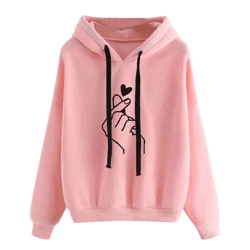 Long Sleeve Heart Print Hoodie Blouse Women