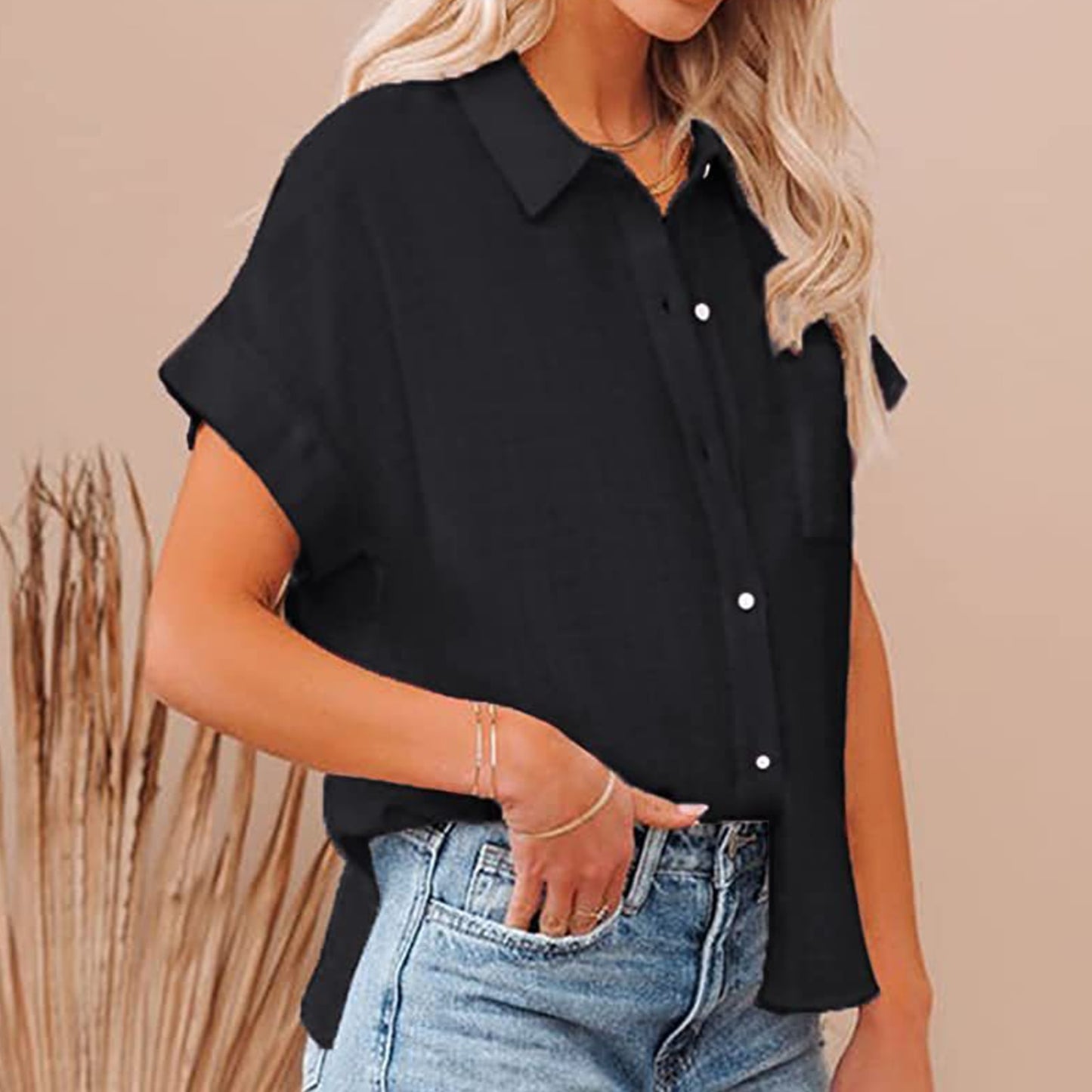 Pocket Solid Color Short Sleeve Blouses Button Down