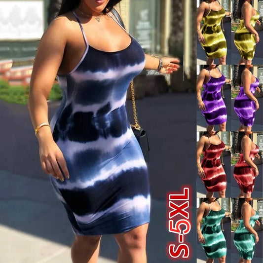 Womens Summer Spaghetti Strap Tie-Dye Bodycons Scoop Neck Sexy Dress(S-5XL)