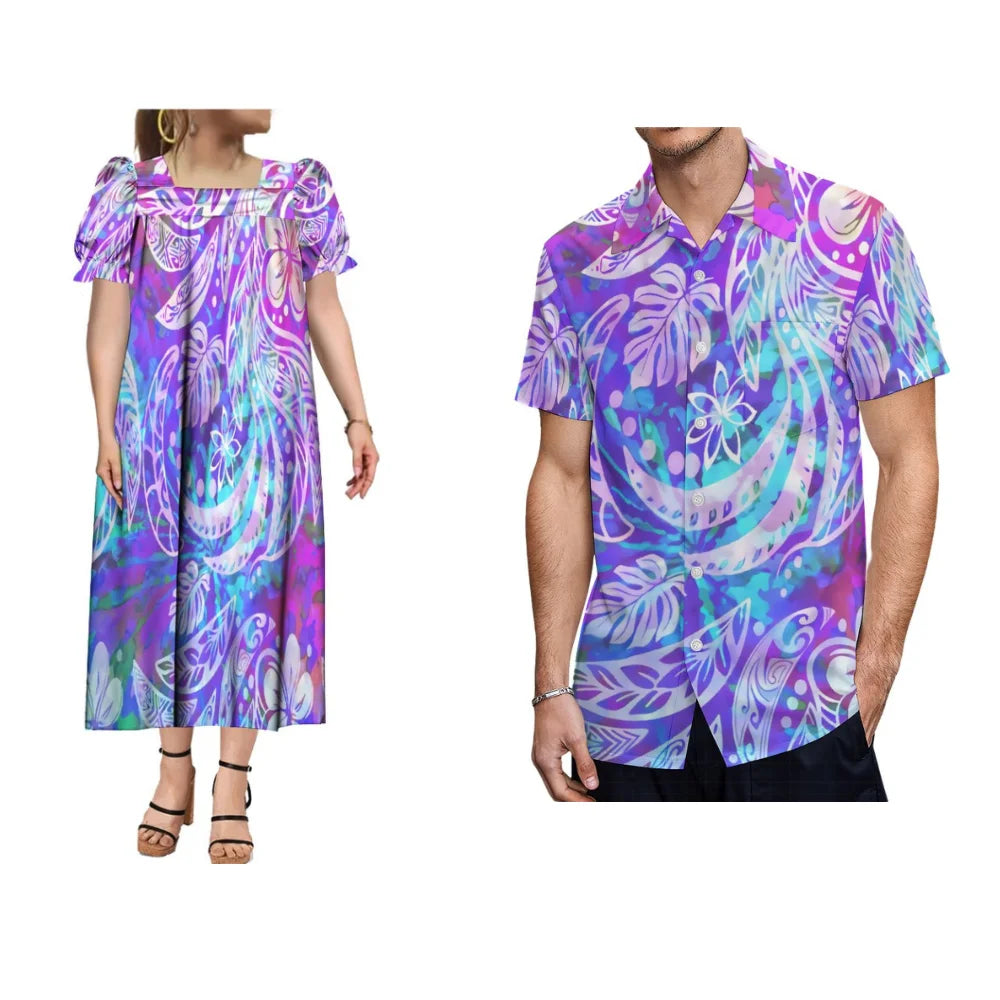 Women's Long Skirt Men's Shirt Summer Short Sleeve Polynesian