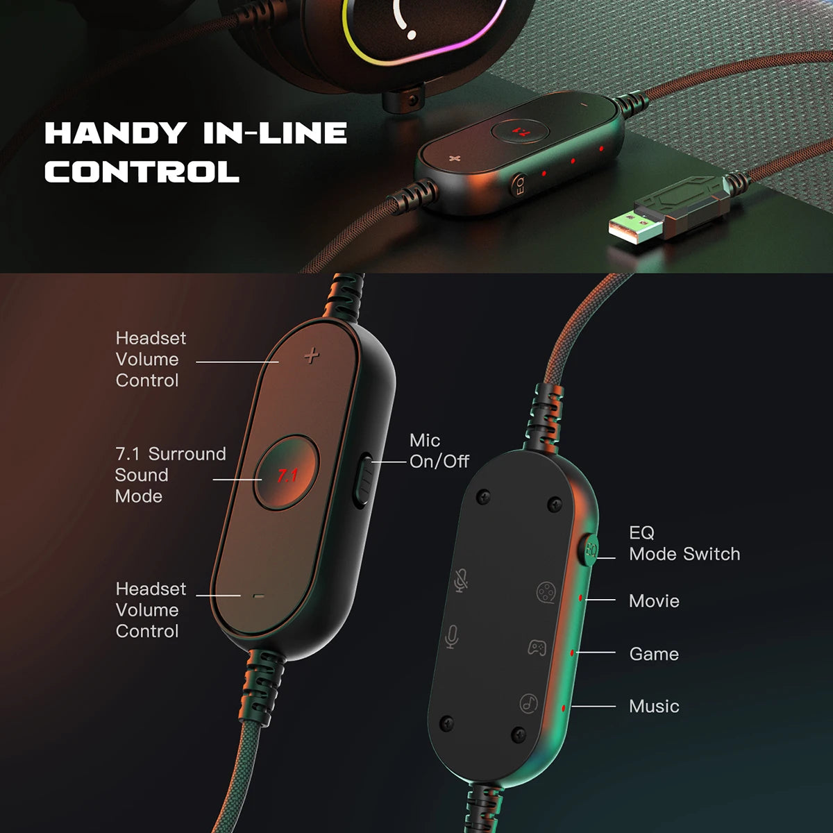 Dynamic RGB Gaming Headset with Mic Over-Ear Headphones Surround Sound