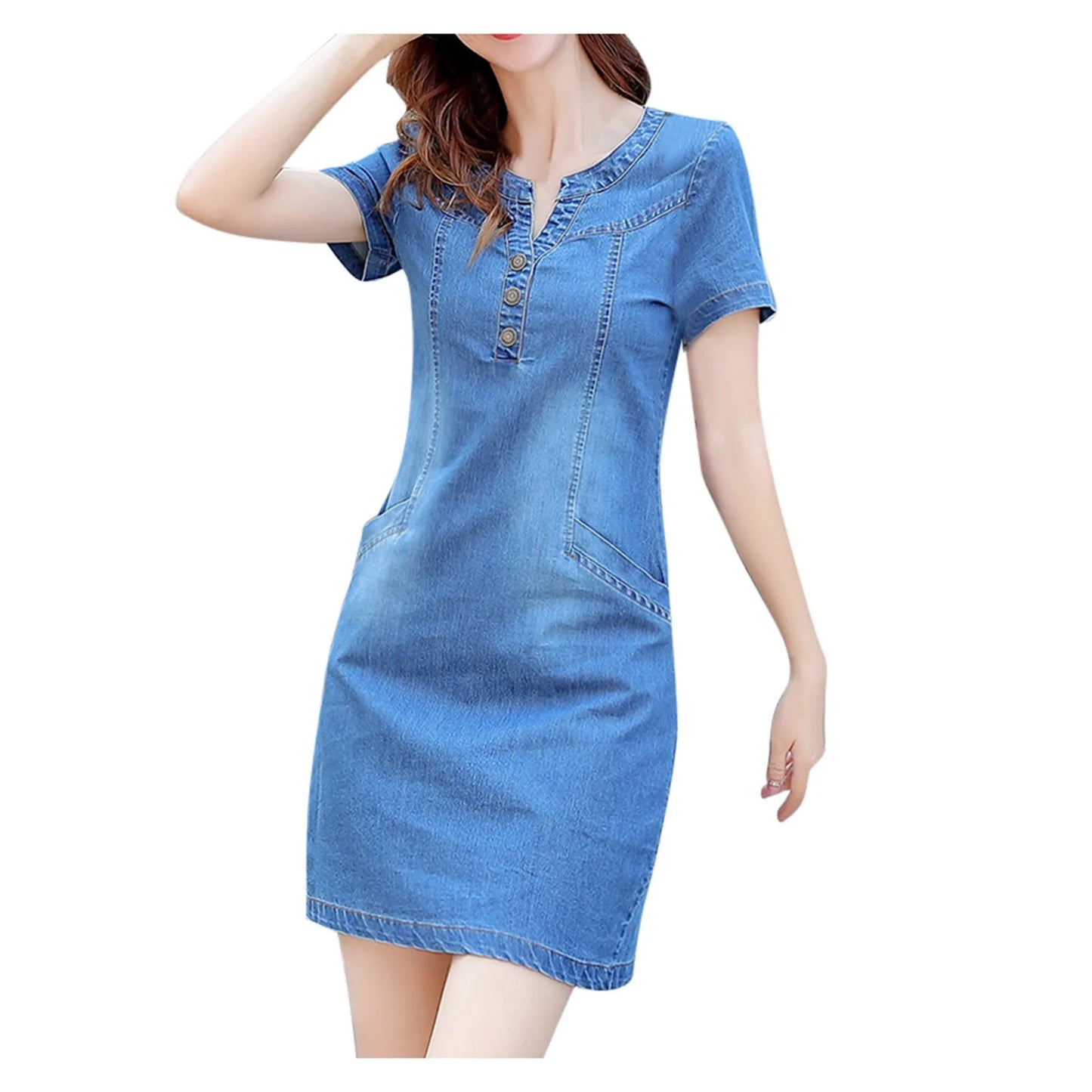 Denim Linen Midi Dress With Pocket Women Pullover Short Dresses