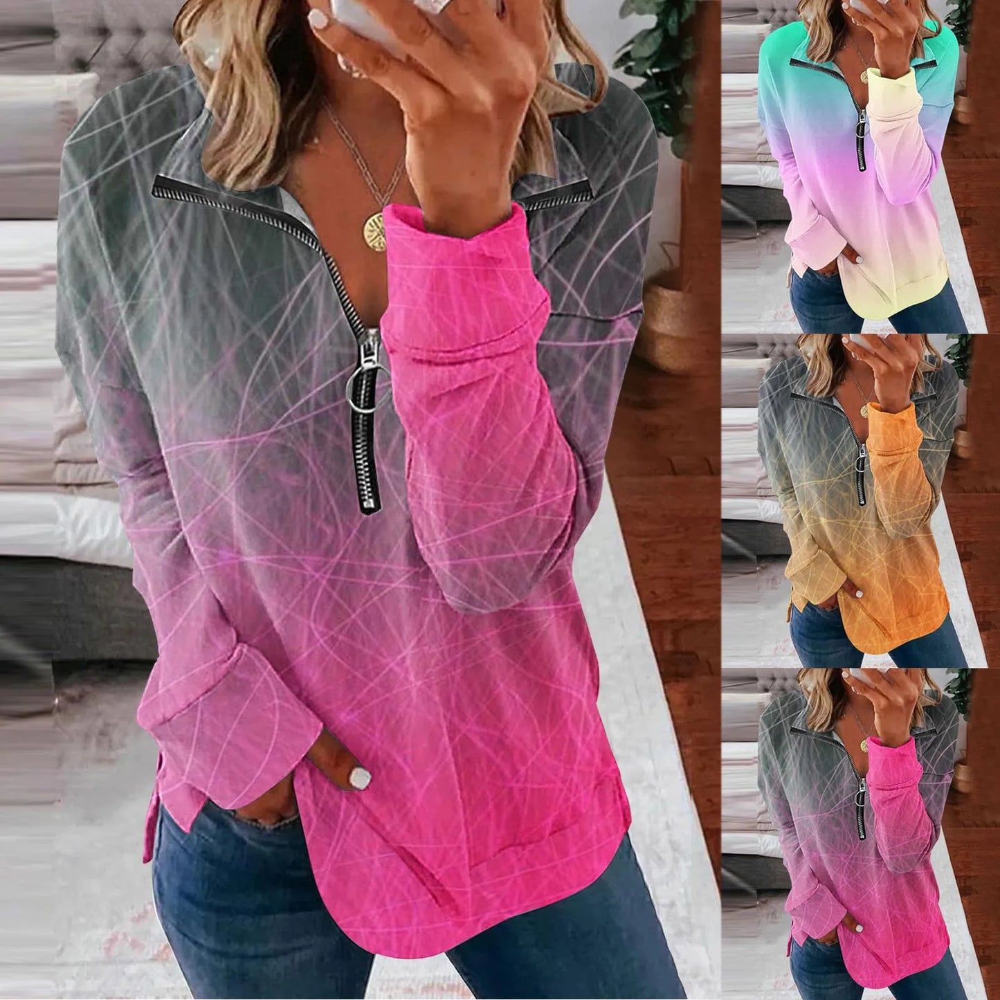 Sweatshirts For Women Oversized Casual V Neck Zip