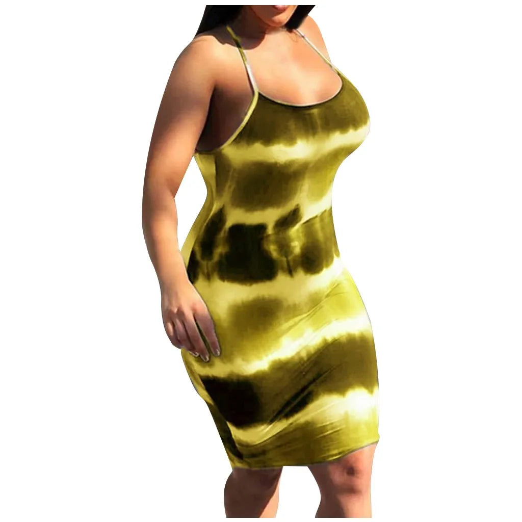 Womens Summer Spaghetti Strap Tie-Dye Bodycons Scoop Neck Sexy Dress(S-5XL)