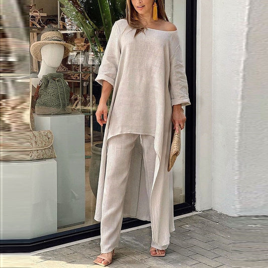 Half-sleeve O-neck Long Tops And Trousers Suit - peterkaczconnect