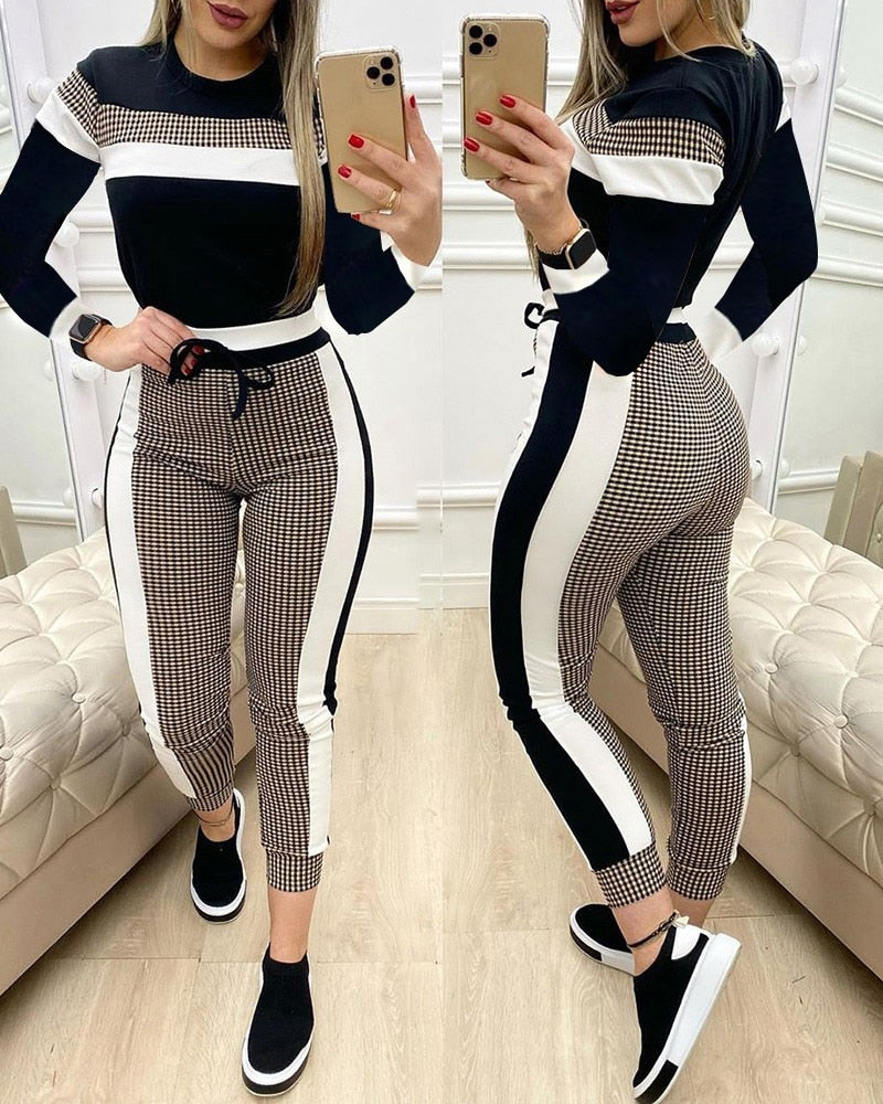 Imcute High Waist Pants 2 Piece Set Black Pattern Suit - peterkaczconnect