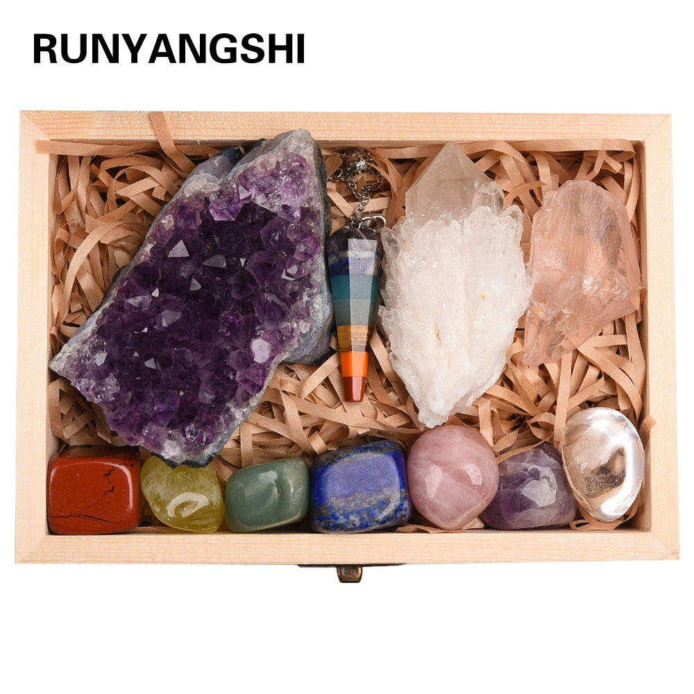 Natural Amethyst Seven chakras therapy stone wooden gift - peterkaczconnect