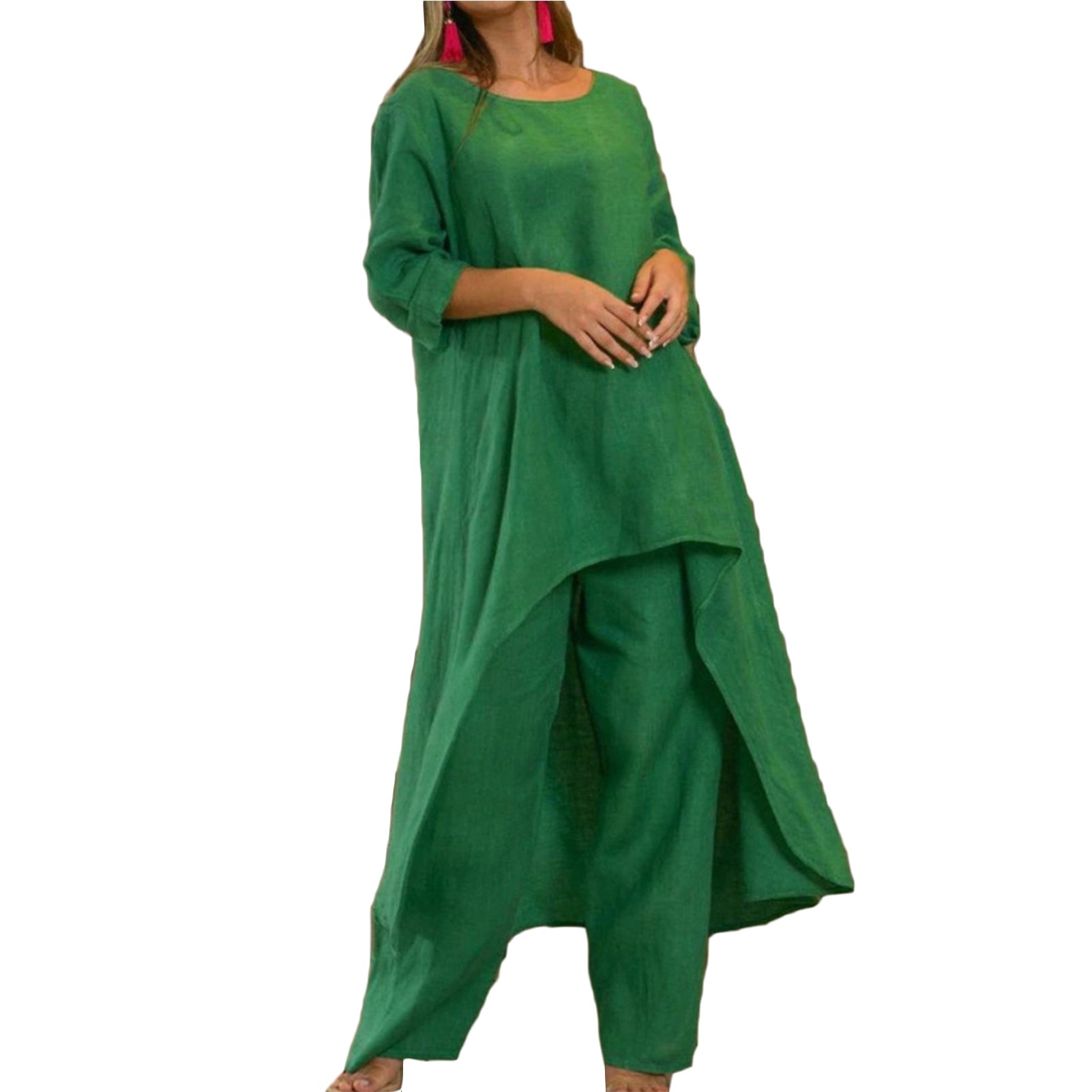 Half-sleeve O-neck Long Tops And Trousers Suit - peterkaczconnect