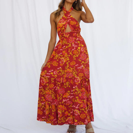 Floral Print Beach Dress Halter Neck Elegant Dress - peterkaczconnect