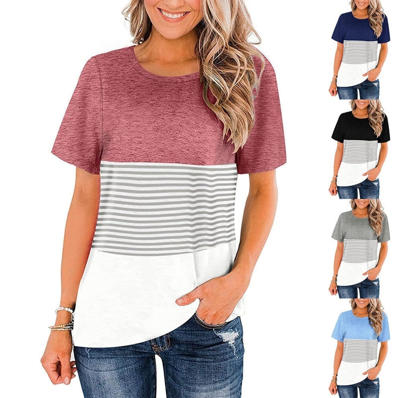 Women Round Neck Triple Color Block Stripe T-Shirt - peterkaczconnect