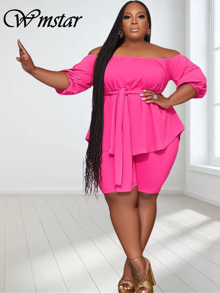 Plus Size Matching Two Piece Sets Women Loose Top Shorts