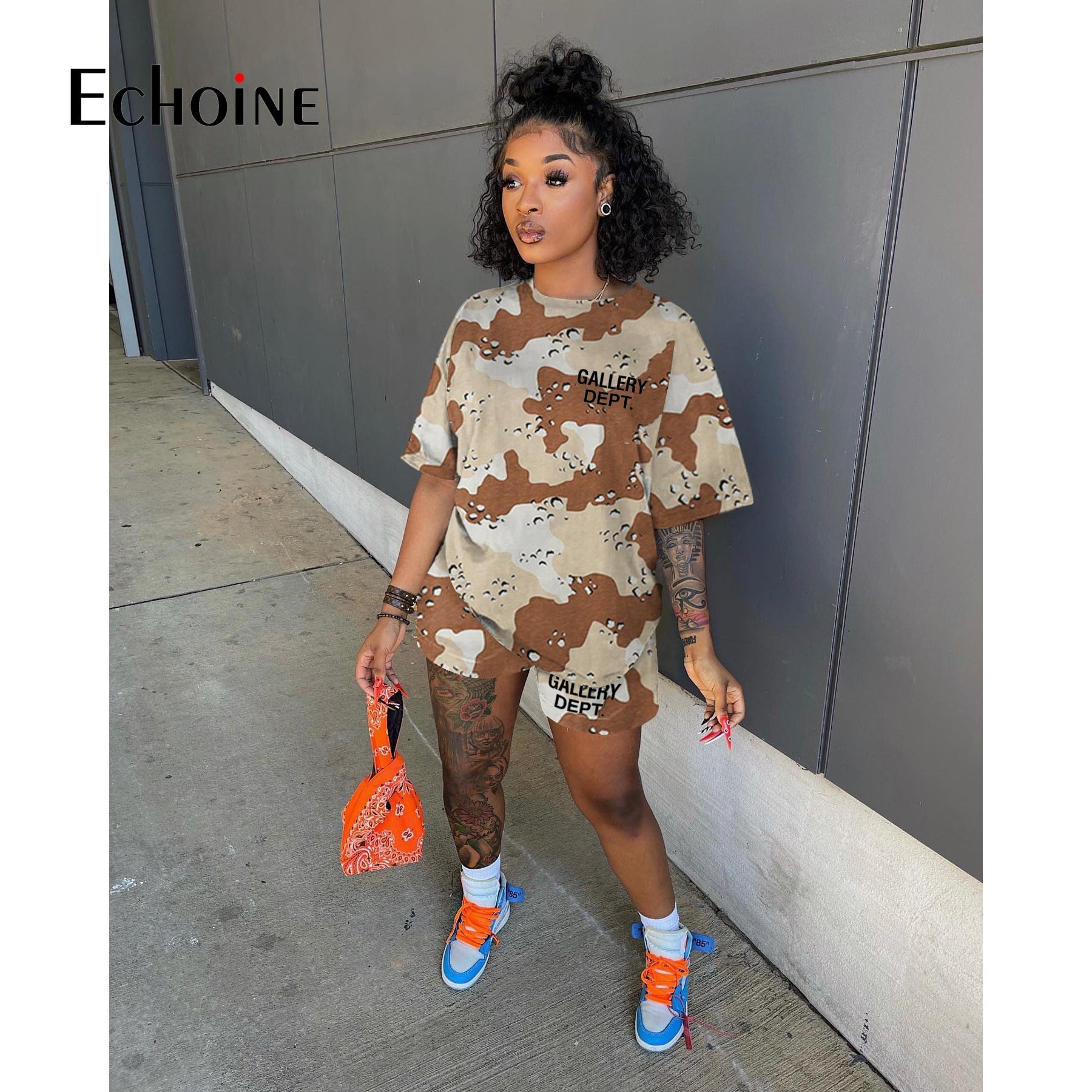 Echoine Summer Women Camouflage loose Top and Elastic Waist Shorts - peterkaczconnect