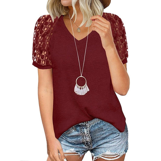 Women T shirt Lace Puff Short Sleeve V Neck Shirts - peterkaczconnect