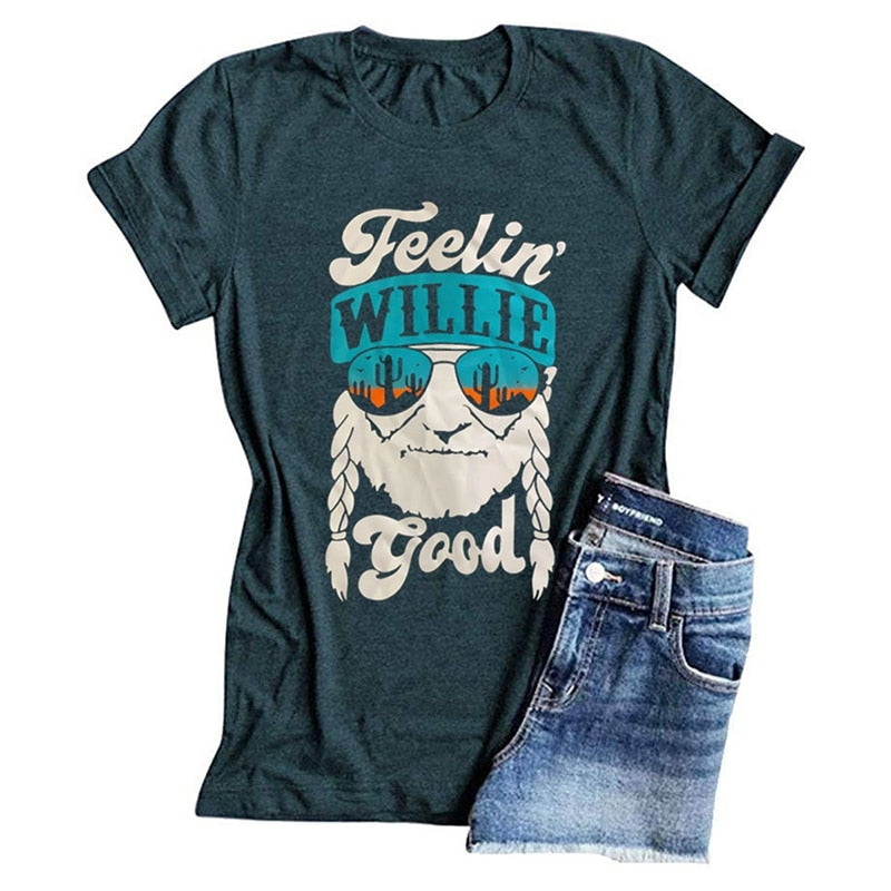 Feelin Willie Good Letter Printed Short Sleeve T-Shirts - peterkaczconnect