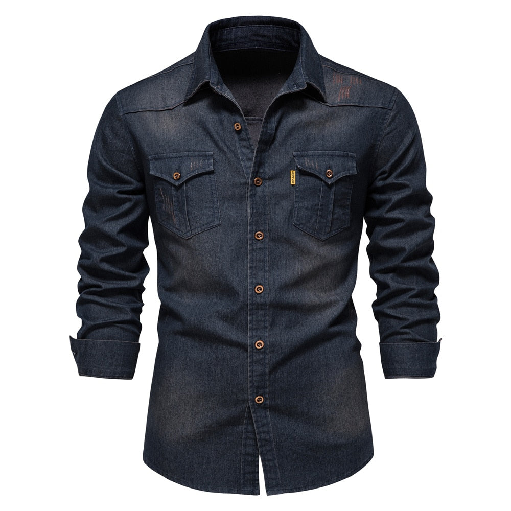 Elastic Cotton Denim Shirt Long Sleeve Cowboy Casual - peterkaczconnect