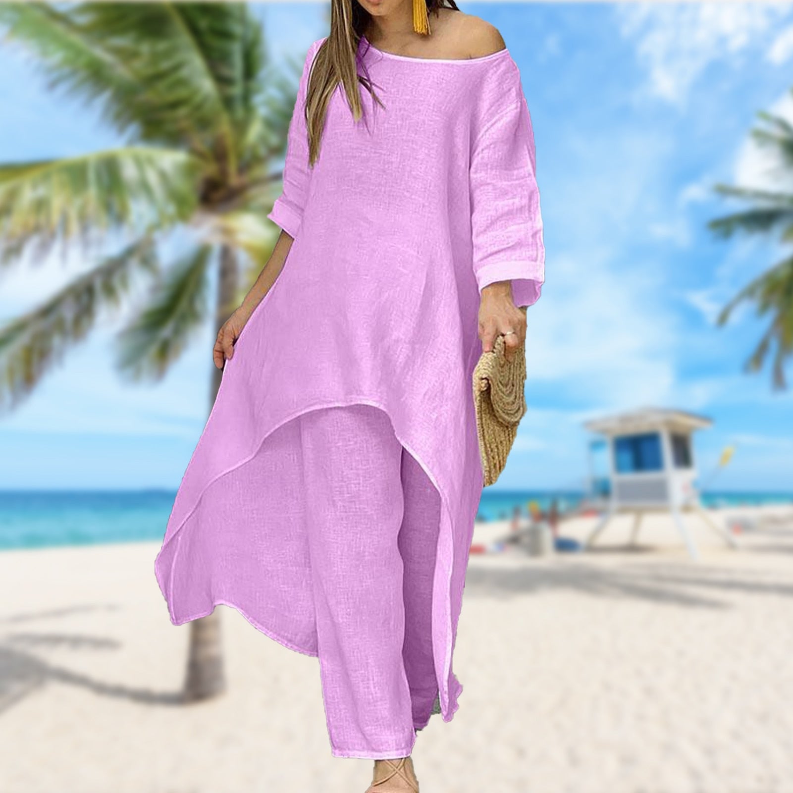 Half-sleeve O-neck Long Tops And Trousers Suit - peterkaczconnect