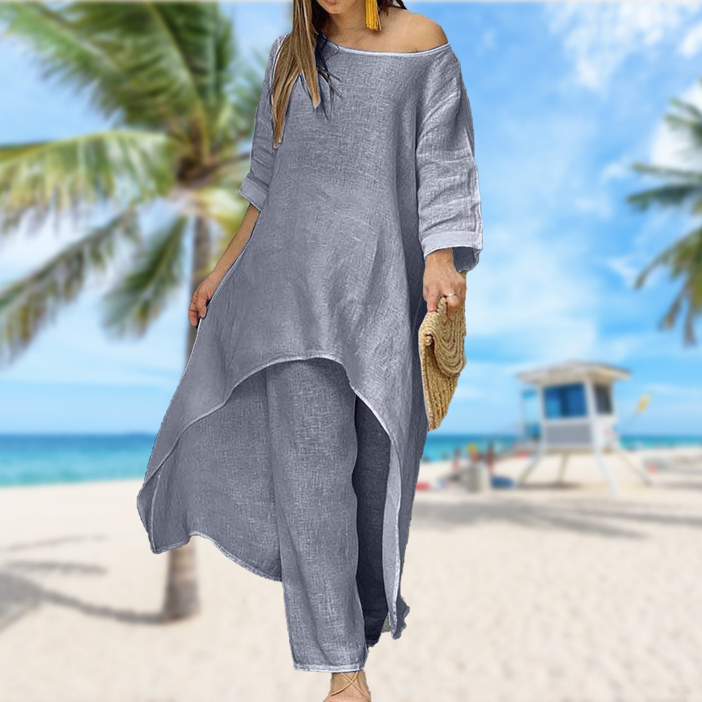 Half-sleeve O-neck Long Tops And Trousers Suit - peterkaczconnect