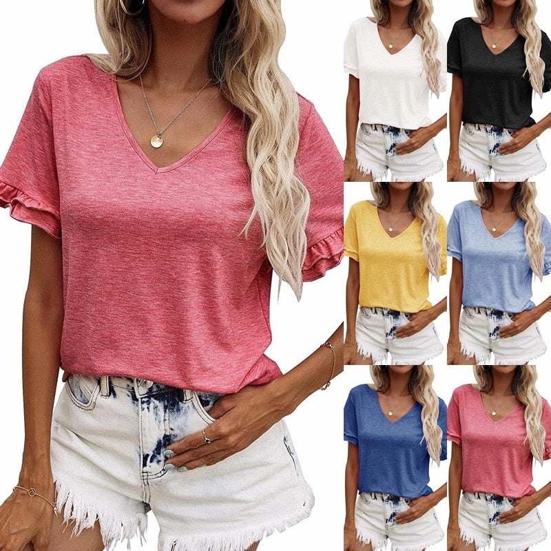 Womens V Neck T Shirt Short Flounce Sleeve Soft Casual - peterkaczconnect