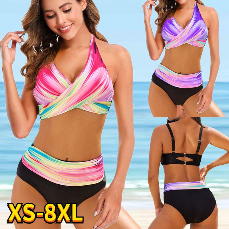 High Waist Bikini Set Female Rainbow Print (Small-Extra large)