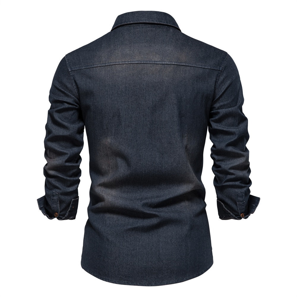 Elastic Cotton Denim Shirt Long Sleeve Cowboy Casual - peterkaczconnect