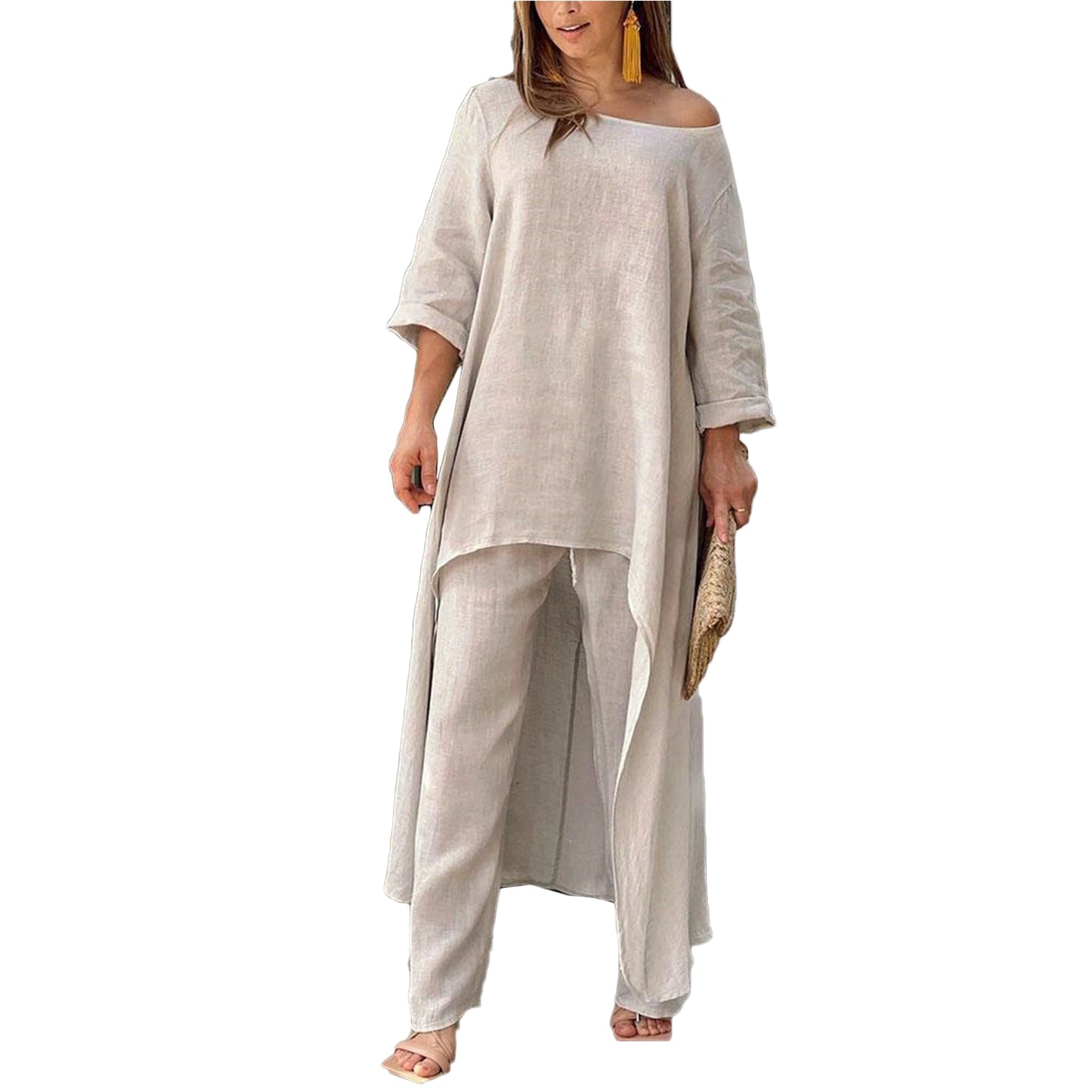 Half-sleeve O-neck Long Tops And Trousers Suit - peterkaczconnect