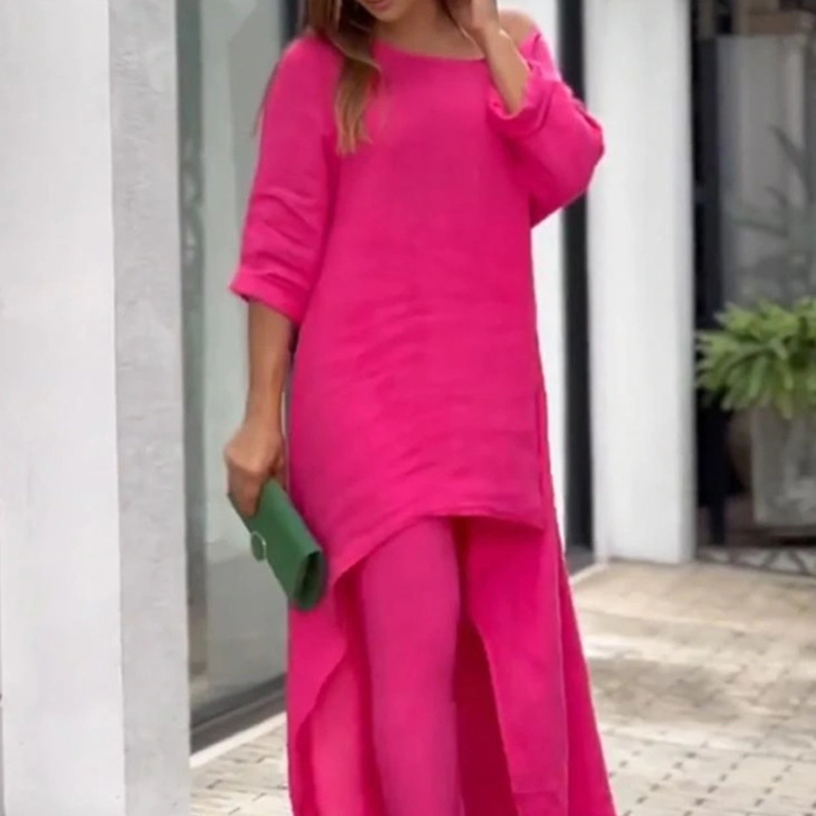 Half-sleeve O-neck Long Tops And Trousers Suit - peterkaczconnect