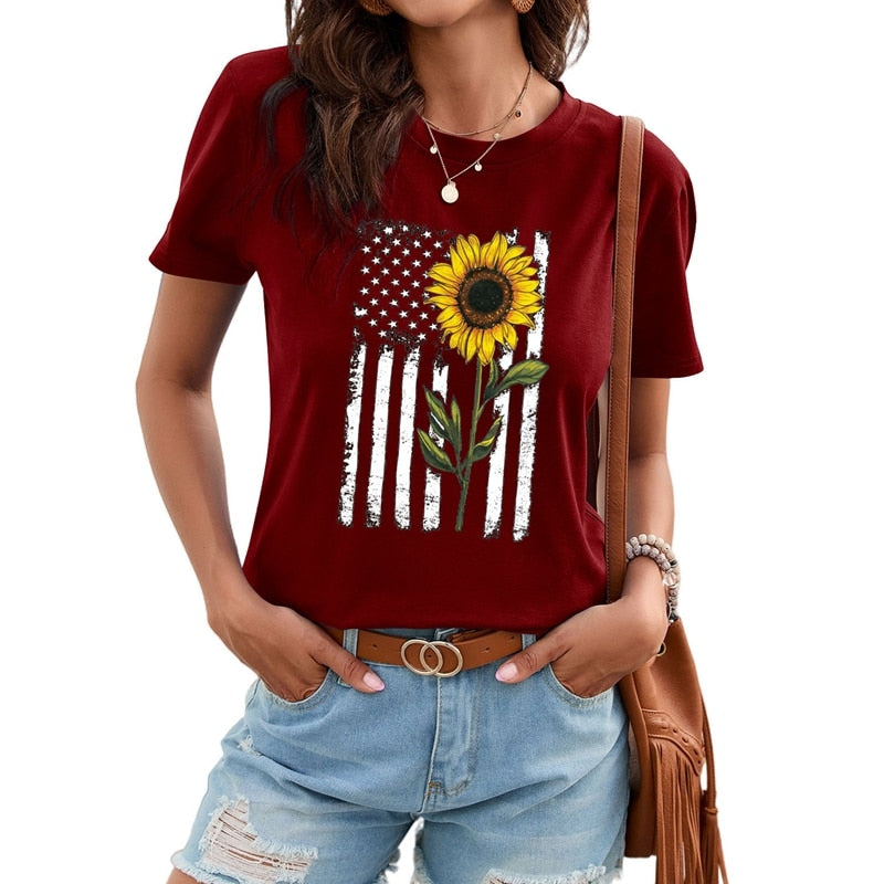 T-shirt Sunflower Print Garden Collar Short Sleeve Top - peterkaczconnect