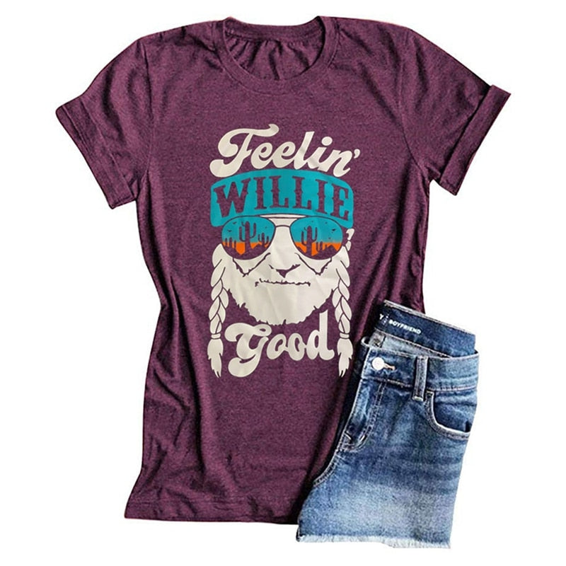 Feelin Willie Good Letter Printed Short Sleeve T-Shirts - peterkaczconnect