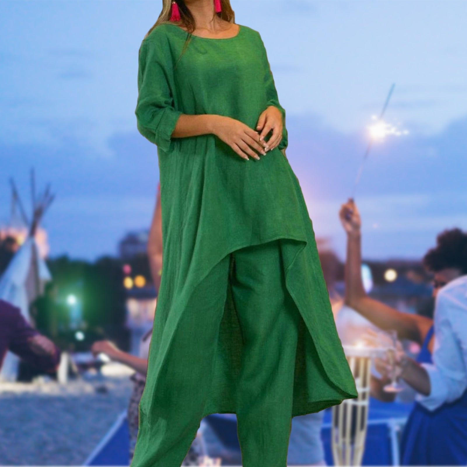 Half-sleeve O-neck Long Tops And Trousers Suit - peterkaczconnect