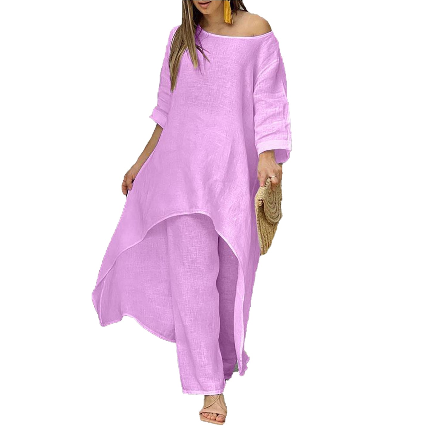 Half-sleeve O-neck Long Tops And Trousers Suit - peterkaczconnect